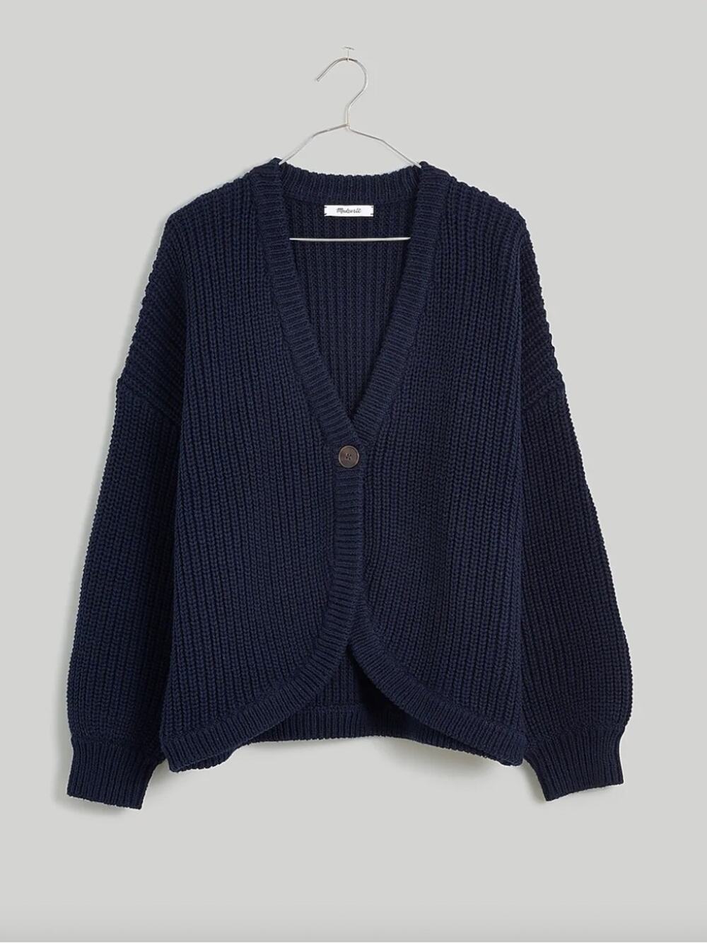 Madewell Shirttail Cardigan Sweater Chunky Knit Cotton Blend Navy Blue Medium